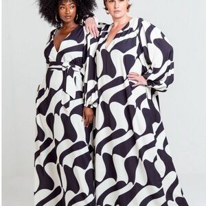 Jibri x The Drop Black White Abstract Print Maxi Dress Long Sleeve V Neck Flowy